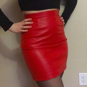 Vintage Real Leather Red Mini Skirt High Waisted
